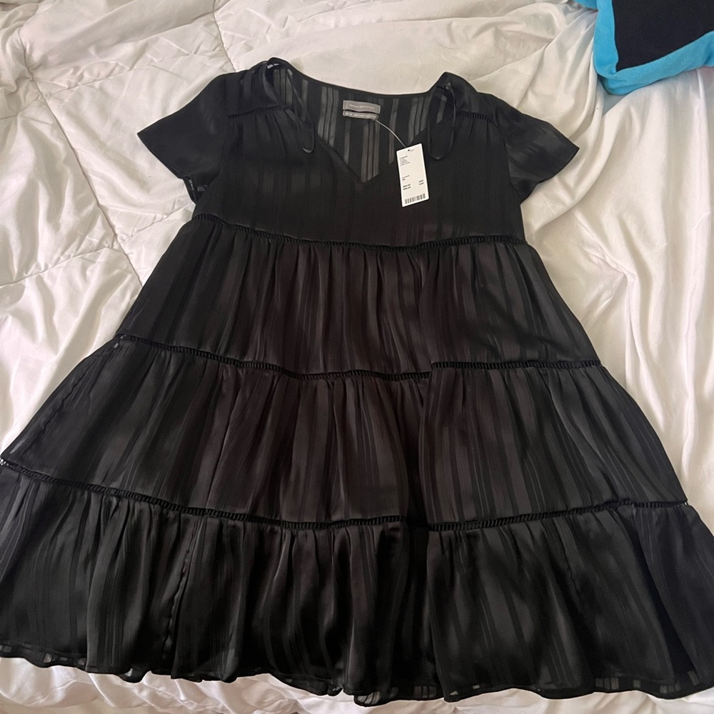 urban outfitters V Neck Short Sleeve Tiered Semi Sheer Black Mini Dress Size XS